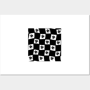 Small Floral Checker Board - black &amp;amp;amp;amp; white Posters and Art